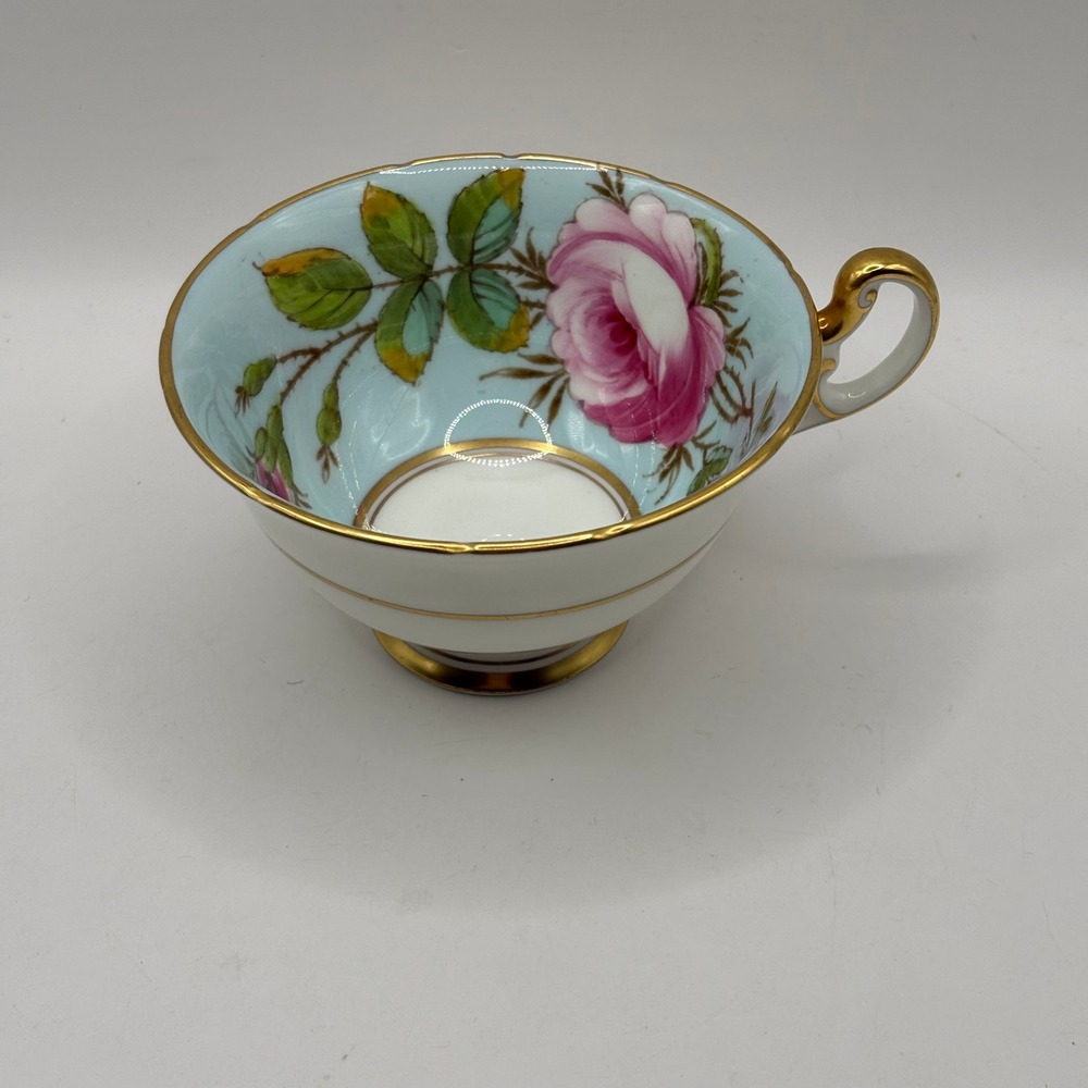 EB Foley Bone China Tea Cup Pink Rose Blue Gold Trim V2955 Signed England
